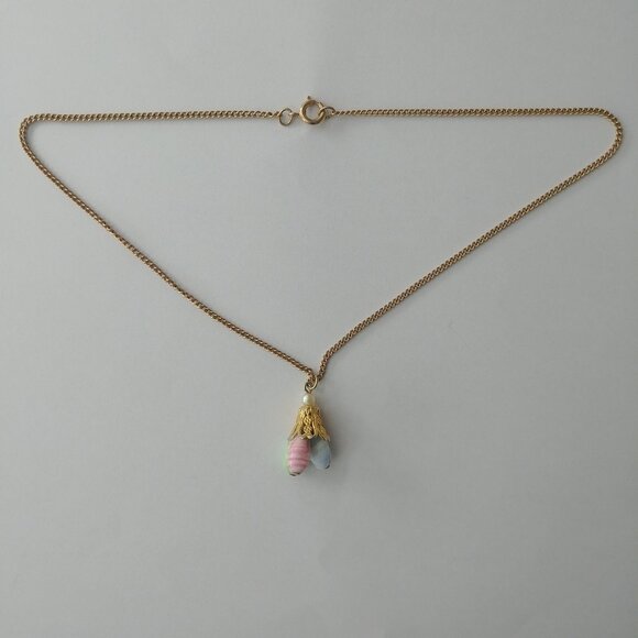 Short gold necklace with blue pink green pendant - Picture 10 of 11